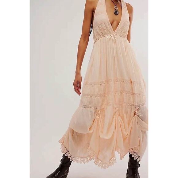 Free‎ People Sunflower Afternoon Bustle Midi Lace Dress In Tea Sz:L Ret$228. - Picture 3 of 6